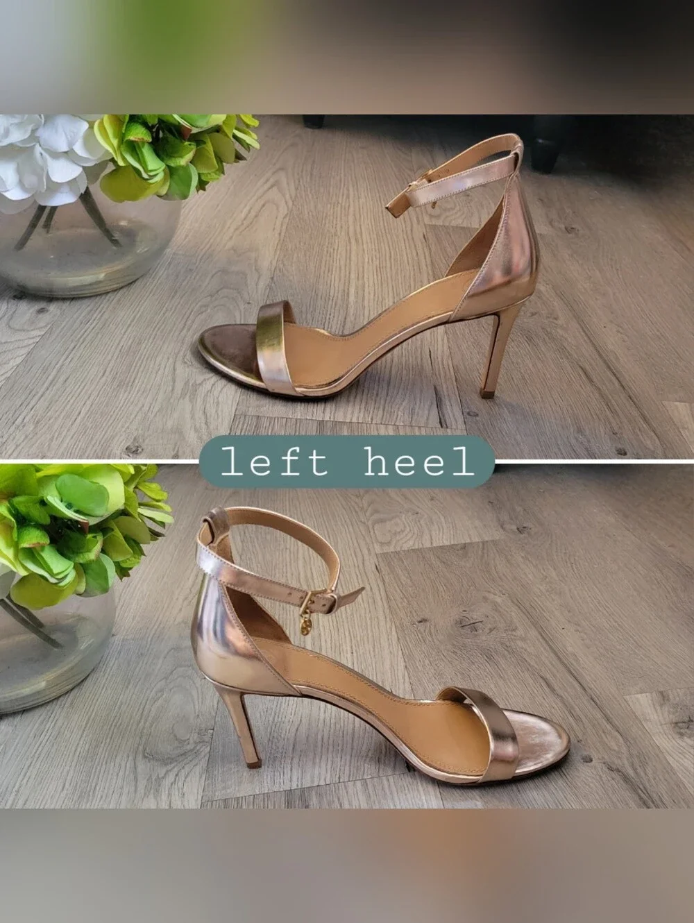 Tory Burch Ellie Ankle-Strap Sandle Heel 85mm Mirror Metallic Spark Rose Gold, 9